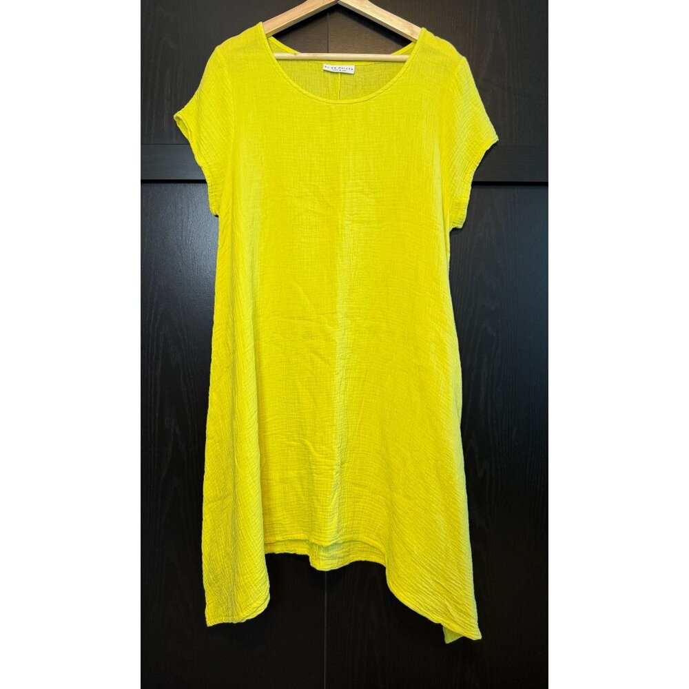 Bryn Walker Short Sleeve Gauzy Yellow Midi Dress XS Lagenlook Asymmetrical Hem
